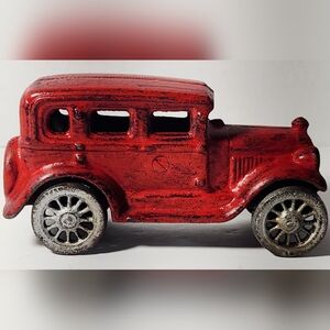 Vintage Heavy Cast Iron 6" Red Sedan Toy Car Moveable Wheels